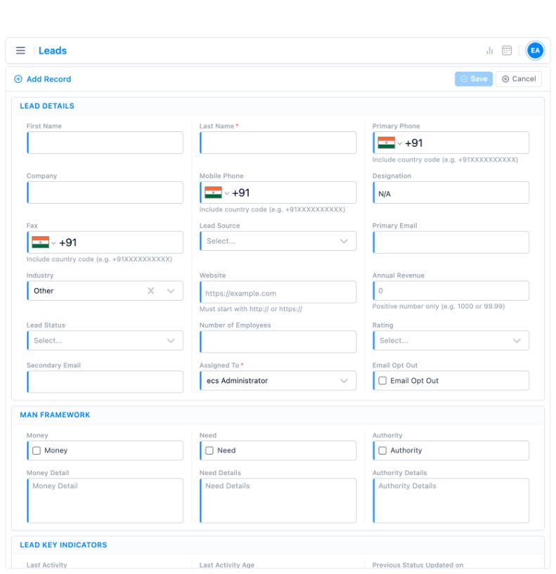 Empty TargetCRM demo lead form showing source, status and assigned owner