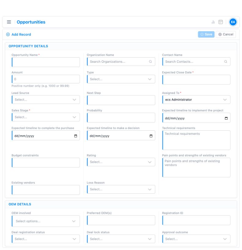 Empty TargetCRM demo opportunity form showing sales stage and next action