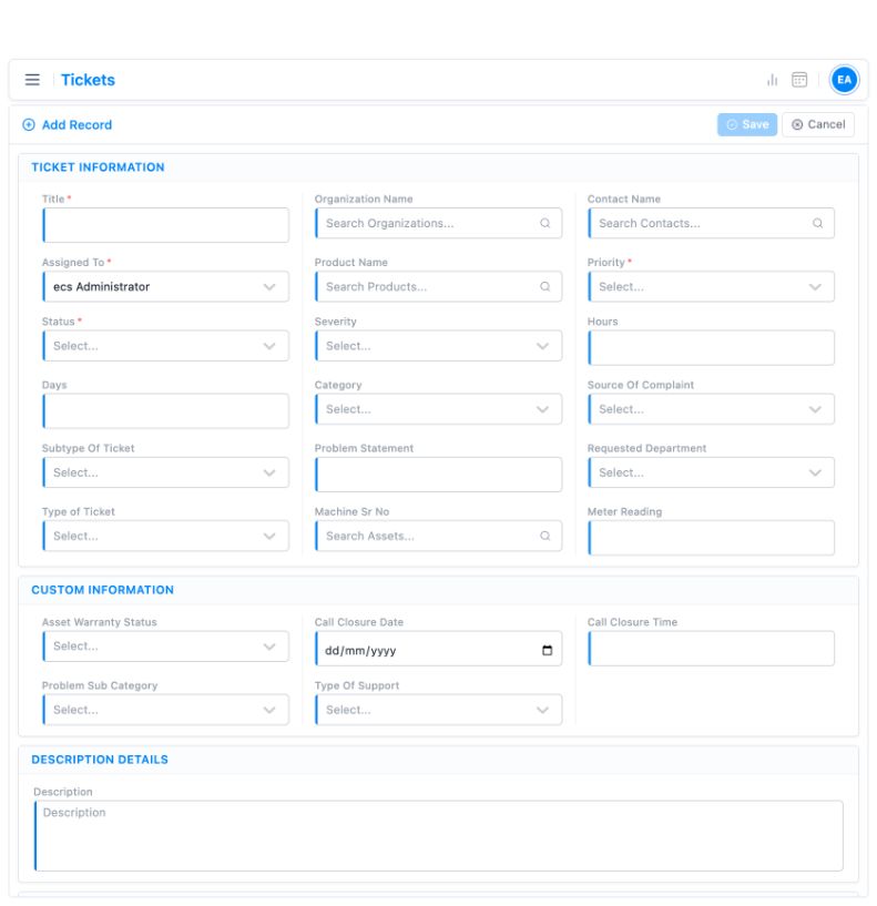 Empty TargetCRM demo ticket form showing priority, status and complaint context